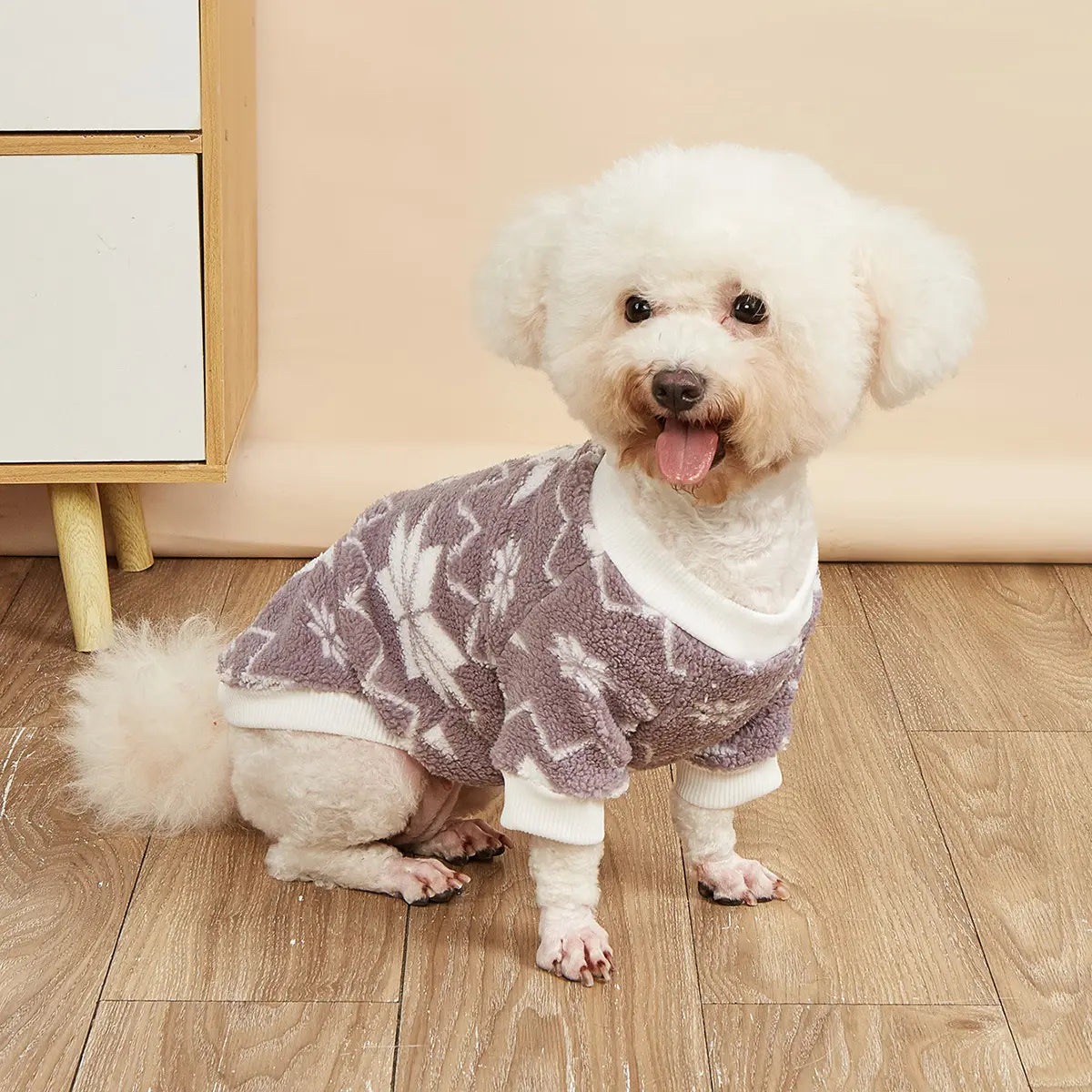 Christmas Dog Sweater - Tan White Reindeer Pattern Sherpa Fleece Pet Hoodie for Small Medium Large Dogs & Cats