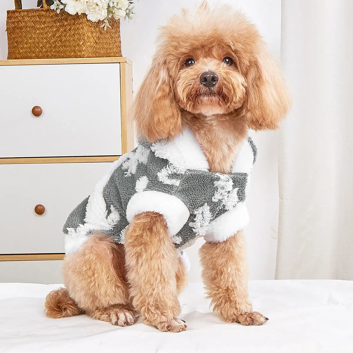 Christmas Pet Hoodie - Gray White Owl Pattern Fleece Dog Vest with Breathable Mesh Panels for Small Medium Large Dogs & Cats