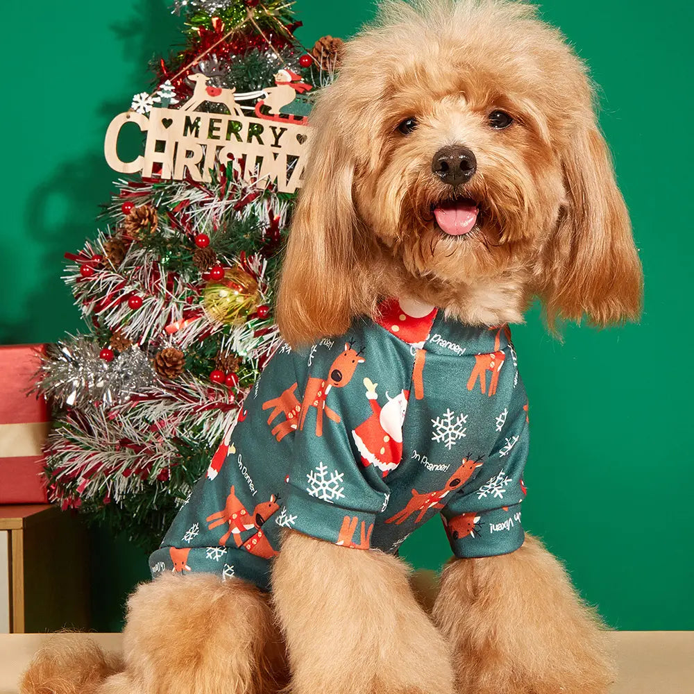 Christmas Santa and Reindeer Dog Shirt - "On Dancer" Holiday Pet Clothes with Snowflake Pattern for Small Dogs and Cats
