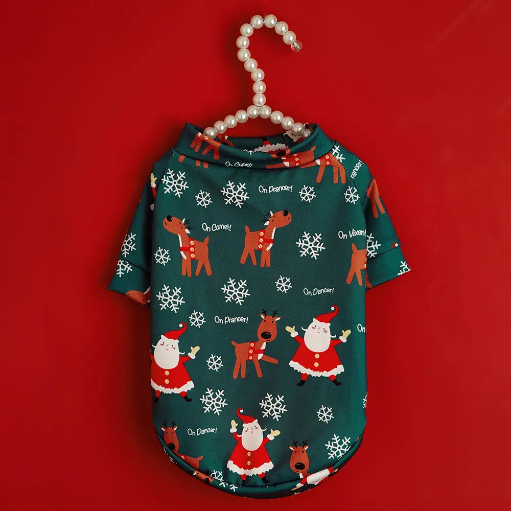 Christmas Santa and Reindeer Dog Shirt - "On Dancer" Holiday Pet Clothes with Snowflake Pattern for Small Dogs and Cats
