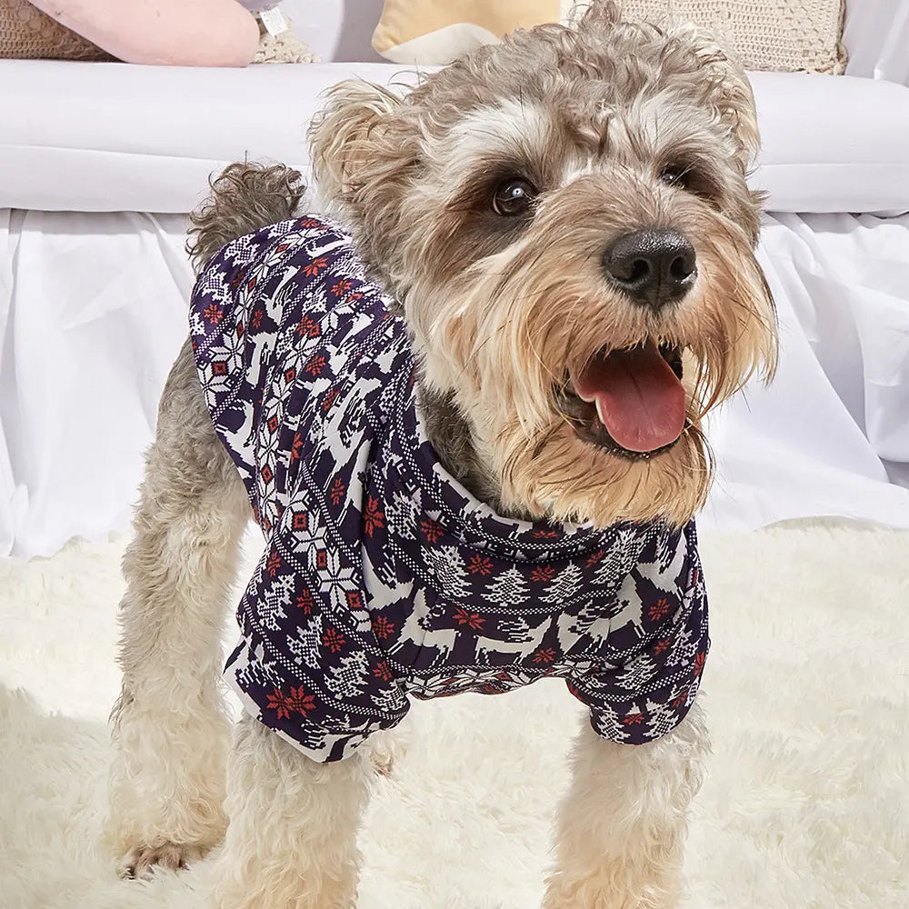 Fair Isle Christmas Dog Sweater Navy Blue - Nordic Reindeer & Snowflake Pattern Holiday Pet Clothes for Small Dogs and Cats