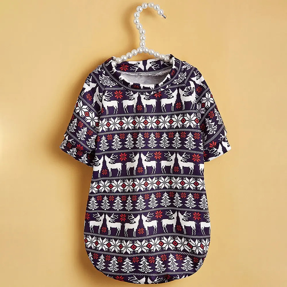 Fair Isle Christmas Dog Sweater Navy Blue - Nordic Reindeer & Snowflake Pattern Holiday Pet Clothes for Small Dogs and Cats