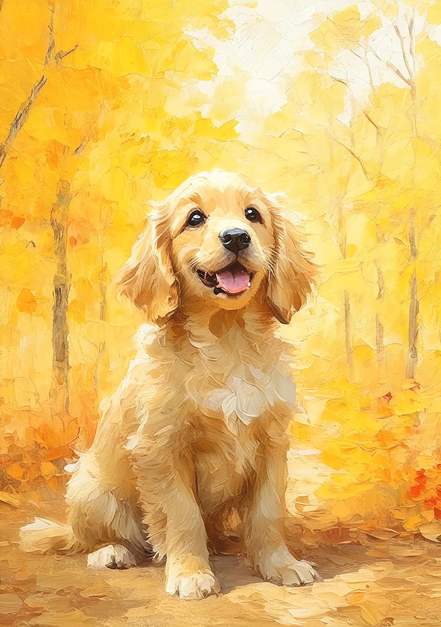 Late autumn fall foliage style custom dog portrait - Golden Retriever in warm golden yellow tones with falling leaves atmosphere - seasonal pet painting by AusidaPet