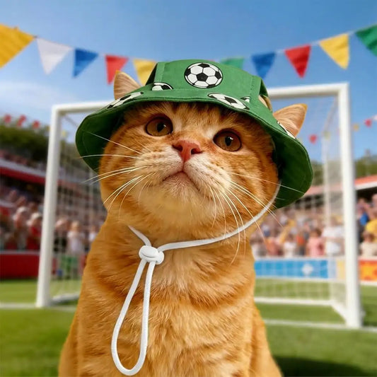 Cute orange cat wearing a football pattern pet hat at a game day stadium, perfect for pet photos and parties