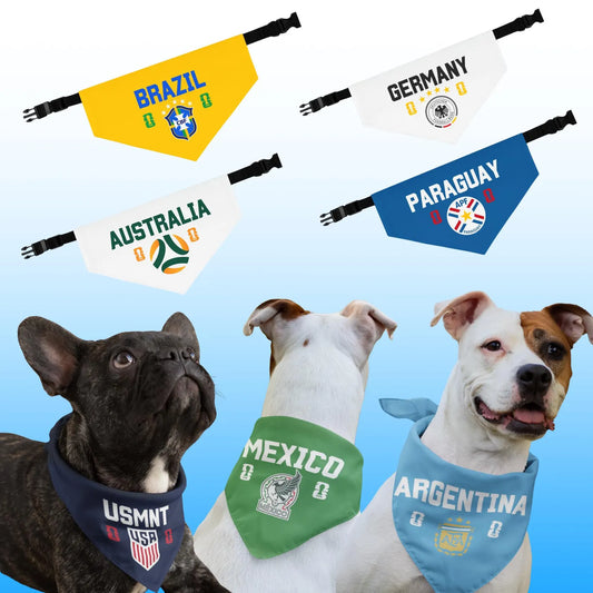 Football themed pet bandanas for dogs with Brazil, Germany, Australia and Paraguay team styles, adjustable and comfortable