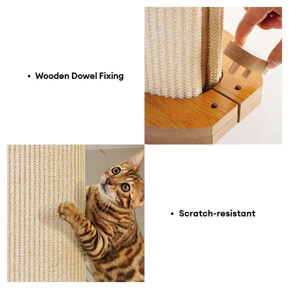 Wooden dowel fixing assembly detail and scratch-resistant sisal surface of corner cat scratching post