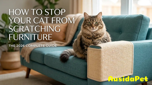 A fluffy cat posing calmly on a stylish sofa corner protected by the Multifunctional Adaptable Sisal Cat Scratch Post and furniture protector in a cozy, sunlit living room.