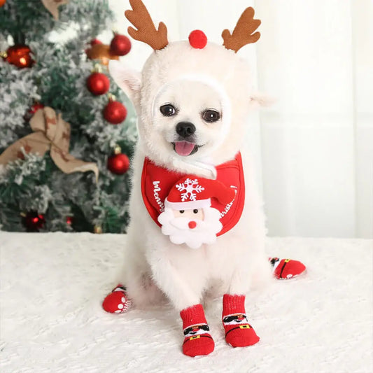 AUSIDAPET Christmas Reindeer Pet Outfit – Cozy Hat, Bib & Non-Slip Socks Set for Dogs & Cats