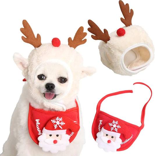 AUSIDAPET Christmas Reindeer Pet Outfit – Cozy Hat, Bib & Non-Slip Socks Set for Dogs & Cats