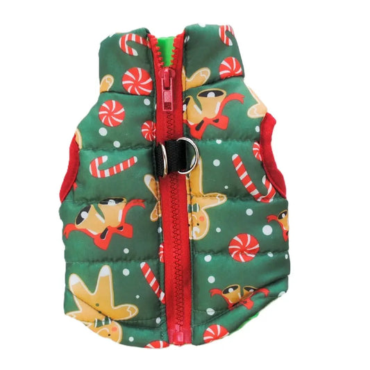 AusidaPet Christmas Dog Coat - Green Holiday Pet Jacket with Gingerbread and Candy Cane Pattern