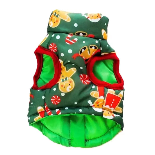 AusidaPet Christmas Dog Coat - Green Holiday Pet Jacket with Gingerbread and Candy Cane Pattern