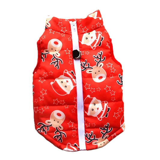 AusidaPet Christmas Dog Coat - Red Holiday Pet Winter Jacket with Santa and Reindeer Pattern