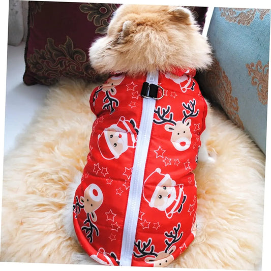AusidaPet Christmas Dog Coat - Red Holiday Pet Winter Jacket with Santa and Reindeer Pattern