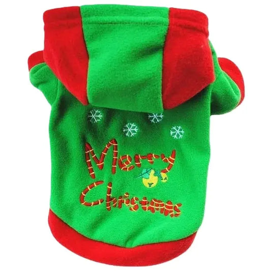 AusidaPet Christmas Dog Hoodie - Green Holiday Pet Sweatshirt with Red Hood and Bell Design