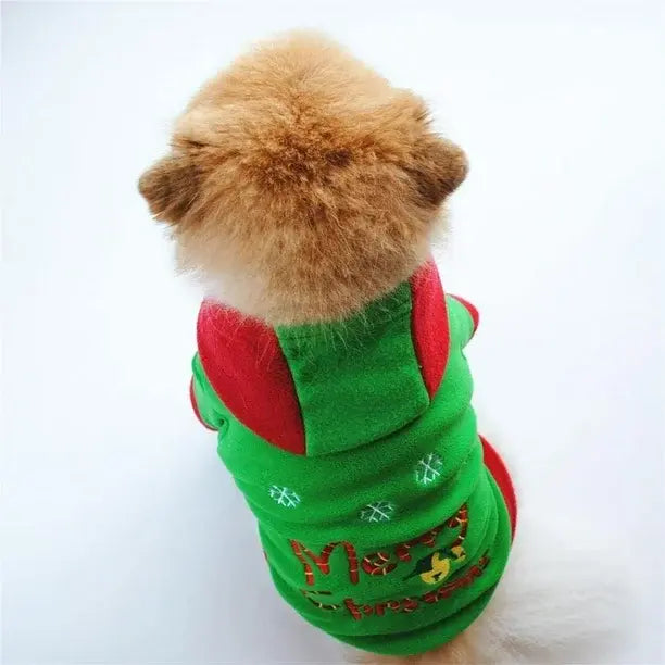 AusidaPet Christmas Dog Hoodie - Green Holiday Pet Sweatshirt with Red Hood and Bell Design