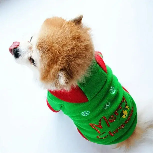 AusidaPet Christmas Dog Hoodie - Green Holiday Pet Sweatshirt with Red Hood and Bell Design