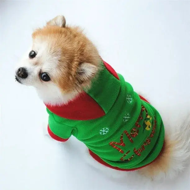AusidaPet Christmas Dog Hoodie - Green Holiday Pet Sweatshirt with Red Hood and Bell Design