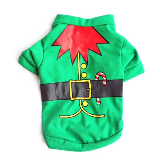 AusidaPet Christmas Elf Dog T-Shirt - Green Holiday Pet Costume with Candy Cane Design