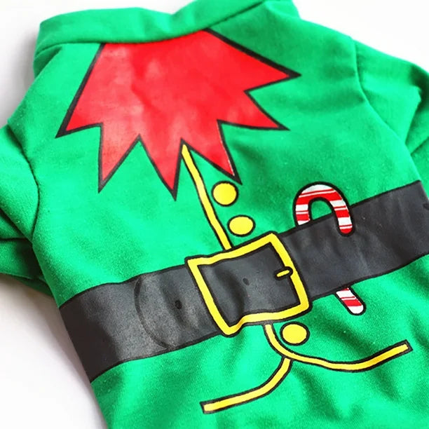 AusidaPet Christmas Elf Dog T-Shirt - Green Holiday Pet Costume with Candy Cane Design
