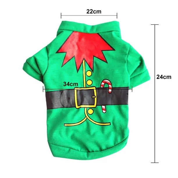 AusidaPet Christmas Elf Dog T-Shirt - Green Holiday Pet Costume with Candy Cane Design