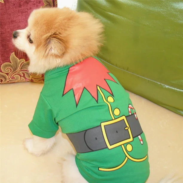 AusidaPet Christmas Elf Dog T-Shirt - Green Holiday Pet Costume with Candy Cane Design
