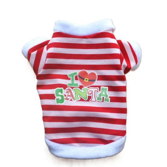 AusidaPet I Love Santa Christmas Dog Sweatshirt - Red White Striped Holiday Pet Hoodie with Long Sleeves