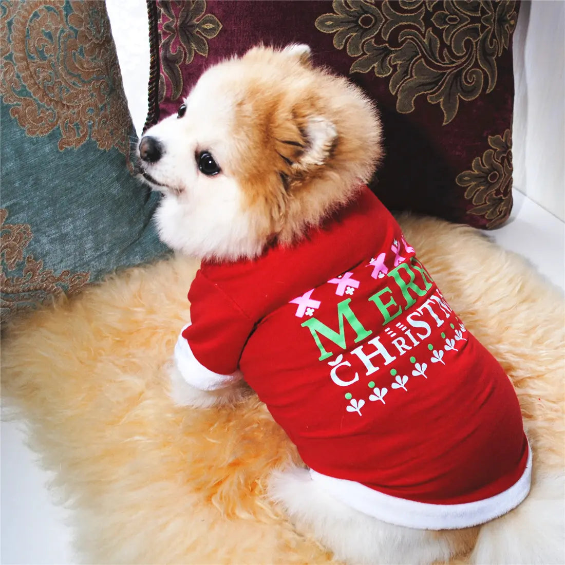AusidaPet Merry Christmas Dog Sweatshirt - Red Holiday Pet Hoodie with Snowflake Design and White Trim