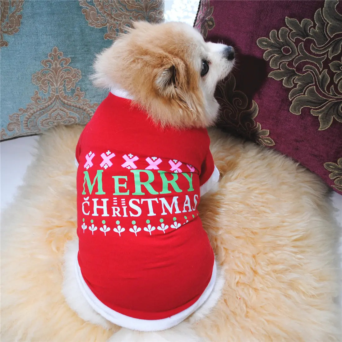 AusidaPet Merry Christmas Dog Sweatshirt - Red Holiday Pet Hoodie with Snowflake Design and White Trim