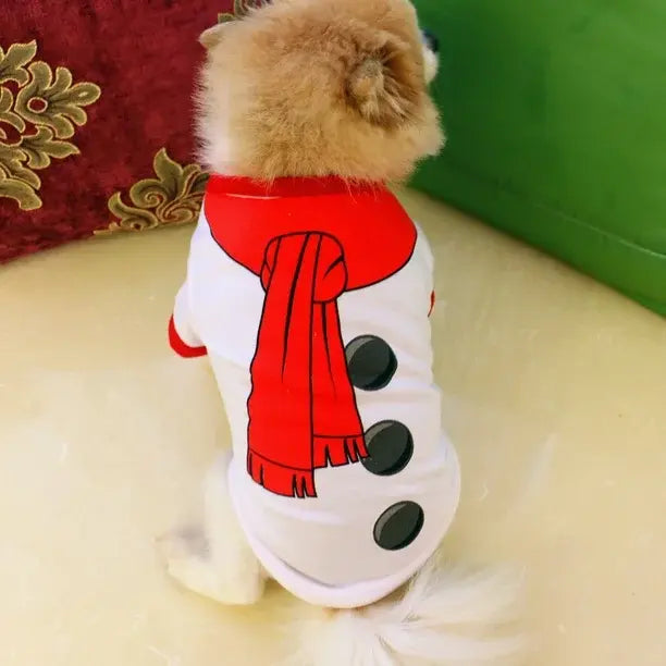 AusidaPet Snowman Christmas Dog T-Shirt - White Holiday Pet Shirt with Red Scarf Design