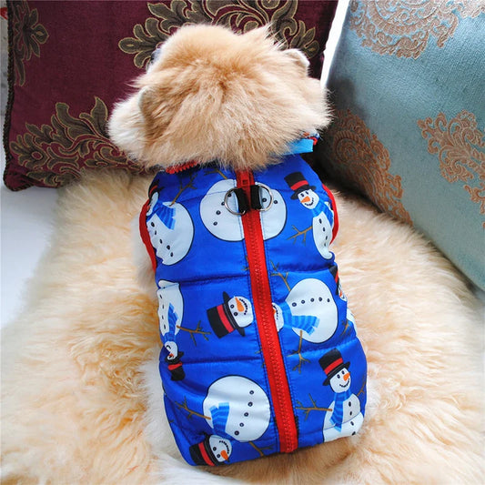 AusidaPet Winter Dog Coat - Blue Snowman Pet Jacket with Back Zipper and Harness Ring