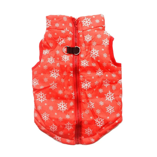AusidaPet Winter Dog Coat - Red Snowflake Pet Jacket with Back Zipper and Harness Ring
