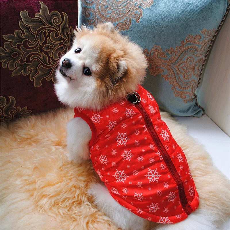 AusidaPet Winter Dog Coat - Red Snowflake Pet Jacket with Back Zipper and Harness Ring