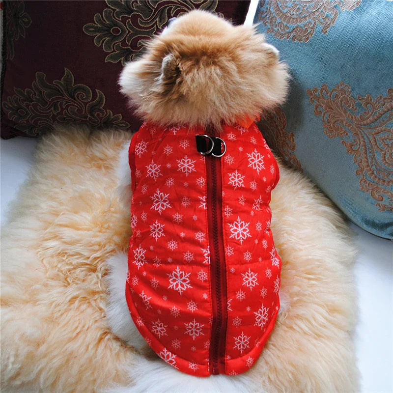 AusidaPet Winter Dog Coat - Red Snowflake Pet Jacket with Back Zipper and Harness Ring