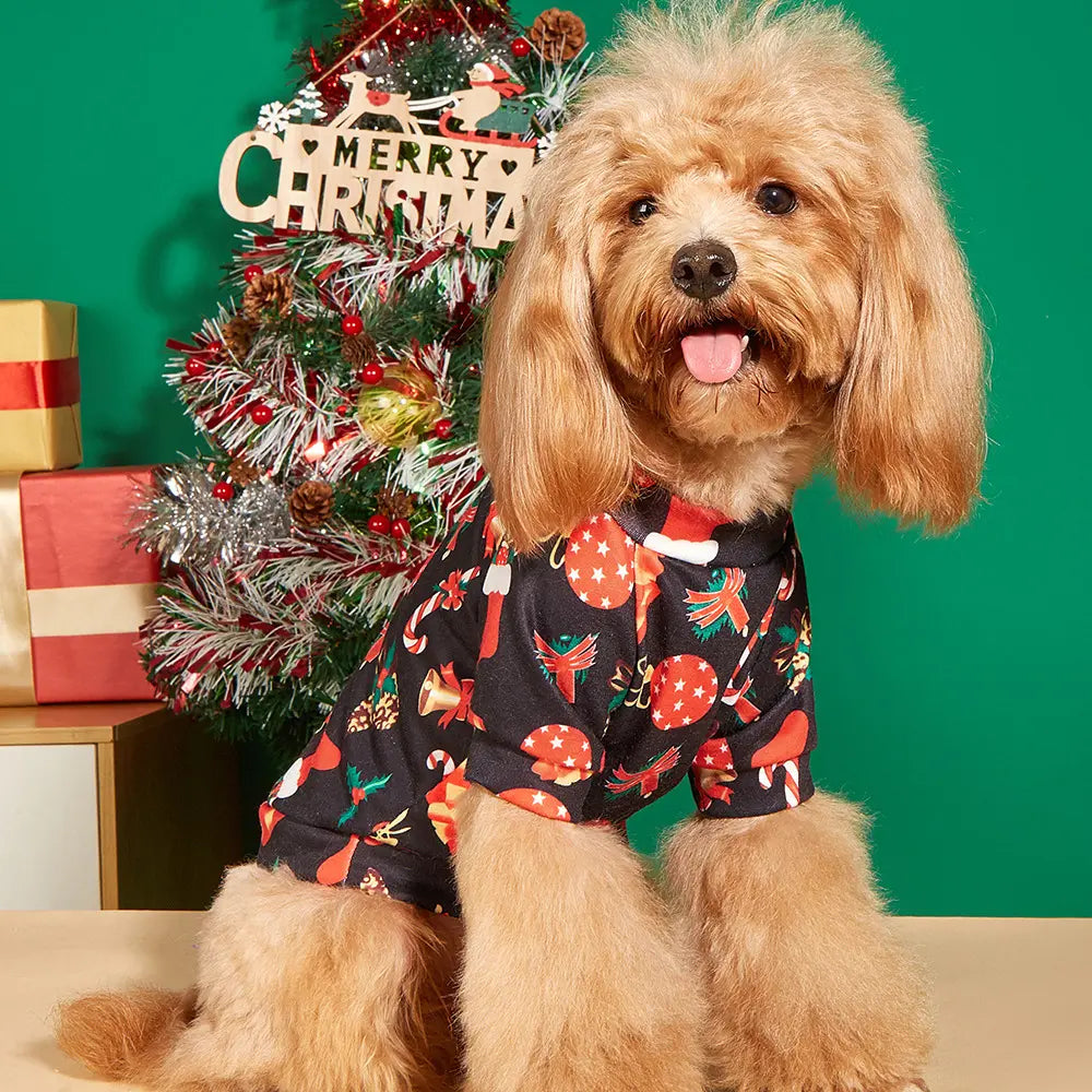 Christmas Dog Shirt Black - Holiday Pet Clothes with Santa Hat, Gift Box & Candy Cane Pattern for Small Dogs and Cats