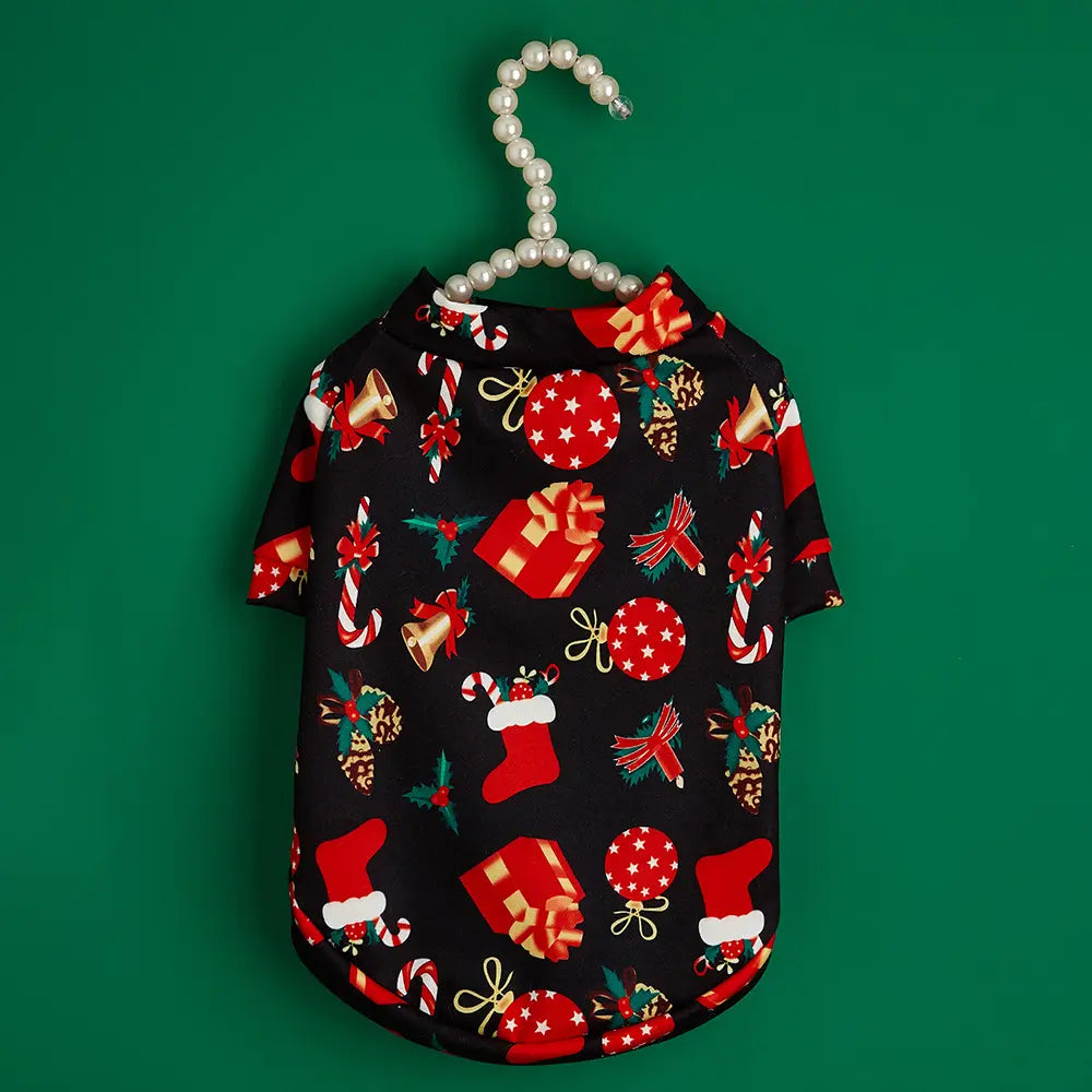 Christmas Dog Shirt Black - Holiday Pet Clothes with Santa Hat, Gift Box & Candy Cane Pattern for Small Dogs and Cats