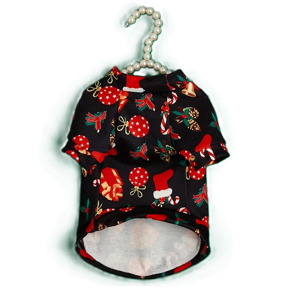 Christmas Dog Shirt Black - Holiday Pet Clothes with Santa Hat, Gift Box & Candy Cane Pattern for Small Dogs and Cats