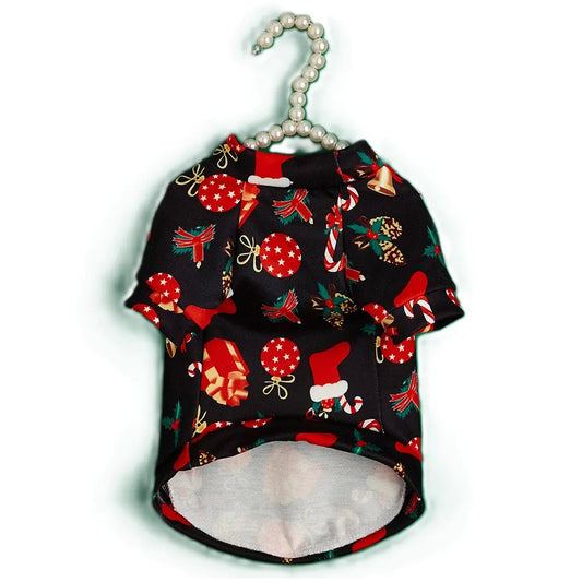 Christmas Dog Shirt Black - Holiday Pet Clothes with Santa Hat, Gift Box & Candy Cane Pattern for Small Dogs and Cats