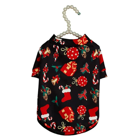Christmas Dog Shirt Black - Holiday Pet Clothes with Santa Hat, Gift Box & Candy Cane Pattern for Small Dogs and Cats
