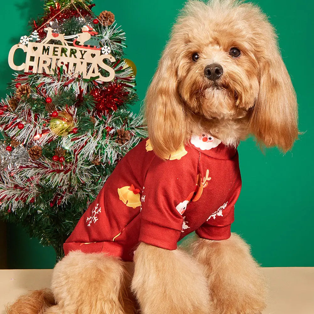 Christmas Dog Shirt - Burgundy Red Santa Reindeer Bell Pattern Cotton Pet T-Shirt for Small Medium Large Dogs & Cats