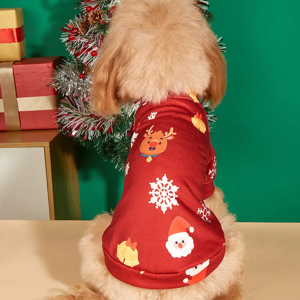 Christmas Dog Shirt - Burgundy Red Santa Reindeer Bell Pattern Cotton Pet T-Shirt for Small Medium Large Dogs & Cats