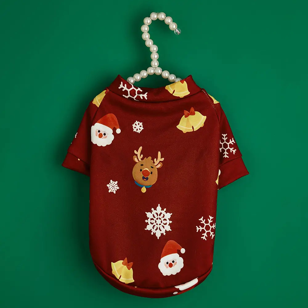 Christmas Dog Shirt - Burgundy Red Santa Reindeer Bell Pattern Cotton Pet T-Shirt for Small Medium Large Dogs & Cats