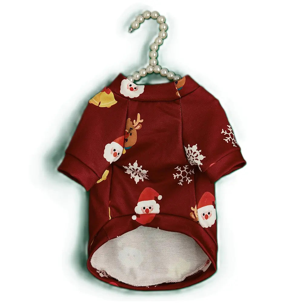 Christmas Dog Shirt - Burgundy Red Santa Reindeer Bell Pattern Cotton Pet T-Shirt for Small Medium Large Dogs & Cats