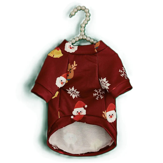 Christmas Dog Shirt - Burgundy Red Santa Reindeer Bell Pattern Cotton Pet T-Shirt for Small Medium Large Dogs & Cats