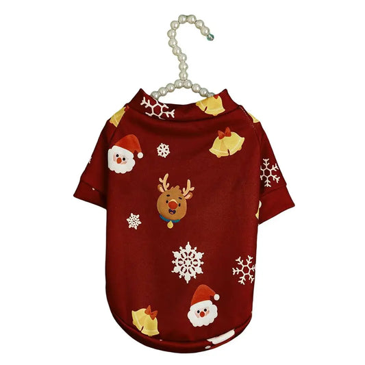 Christmas Dog Shirt - Burgundy Red Santa Reindeer Bell Pattern Cotton Pet T-Shirt for Small Medium Large Dogs & Cats