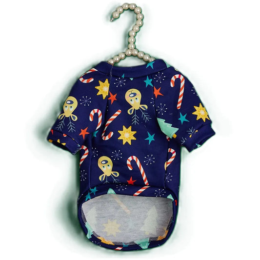 Christmas Dog Shirt - Navy Blue Holiday Pattern Cotton Pet T-Shirt with Candy Cane Tree Star Design for Small Medium Large Dogs & Cats