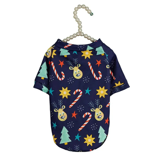 Christmas Dog Shirt - Navy Blue Holiday Pattern Cotton Pet T-Shirt with Candy Cane Tree Star Design for Small Medium Large Dogs & Cats