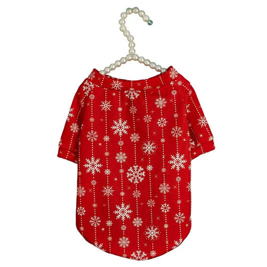 Christmas Dog Shirt - Red White Snowflake Garland Pattern Cotton Pet T-Shirt for Small Medium Large Dogs & Cats
