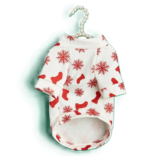 Christmas Dog Shirt - Red White Snowflake Stocking Pattern Cotton Pet T-Shirt for Small Medium Large Dogs & Cats