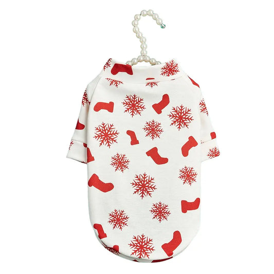Christmas Dog Shirt - Red White Snowflake Stocking Pattern Cotton Pet T-Shirt for Small Medium Large Dogs & Cats