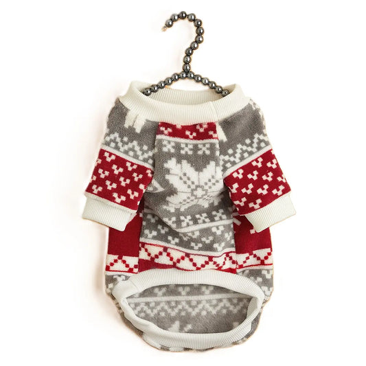 Christmas Dog Sweater - Gray Red White Fair Isle Pattern Fleece Pet Hoodie with Long Sleeves for Small Medium Large Dogs & Cats
